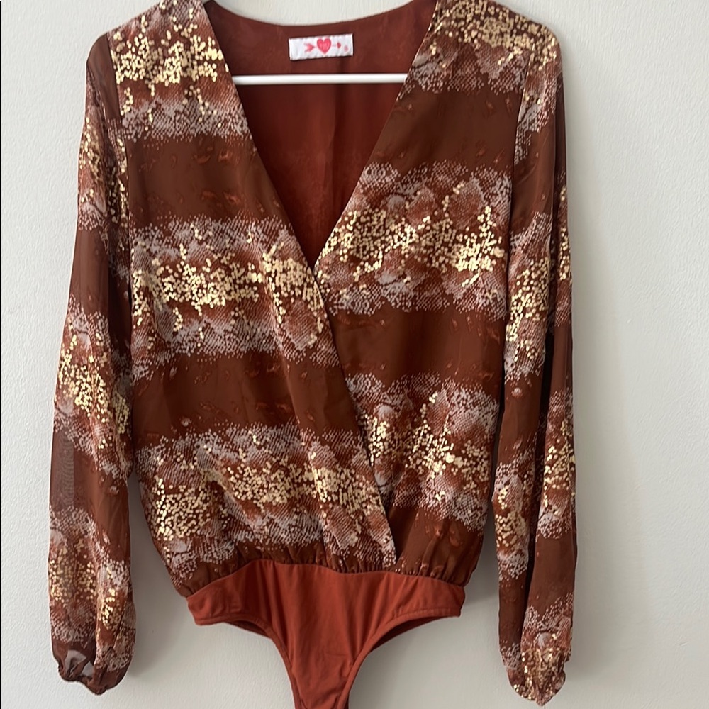 Brown and Gold Long Sleeve Bodysuit